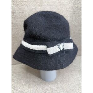 BETSEY JOHNSON Cloche Hat One Size Black White Rabbit Wool Blend Bow Heart Charm